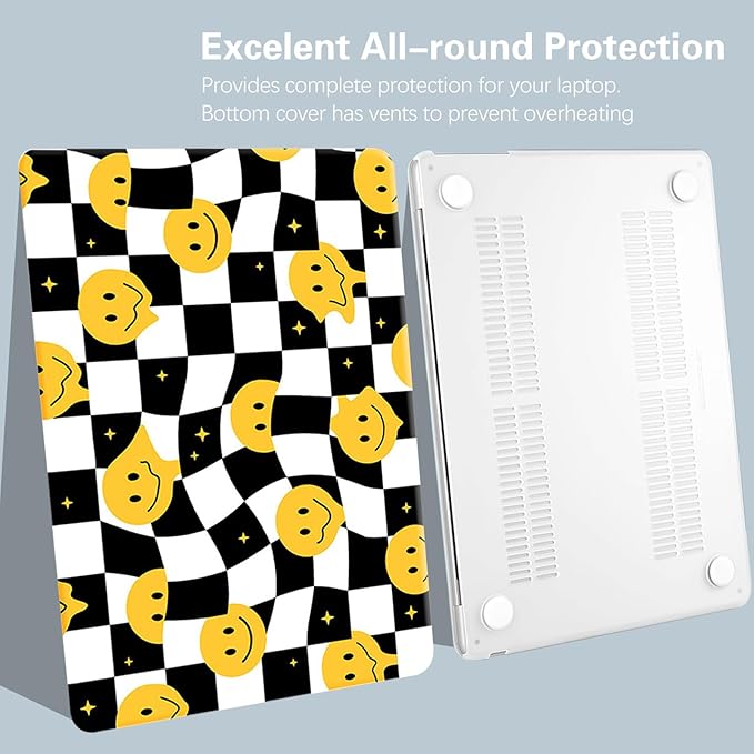 KEROM Compatible for MacBook Air 13 inch Case 2025 M4, 2024-2022 M3 M2 A3240 A3113 A2681, Cute Sleek Aesthetic Plastic Hard Shell with Keyboard Cover for Mac Air 13.6 inch Case, Checkered Smiley Face
