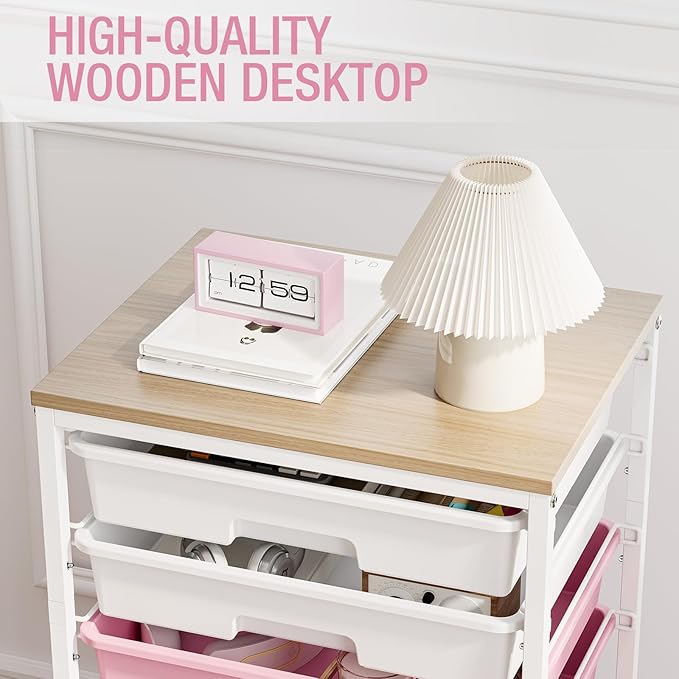 Rolling Cart with Drawers, Pink Cart with 8 Plastic Drawer Storage and Wooden Tabletop, Craft Storage, Teacher Cart, Storage Cart on Wheels, Rose Pink