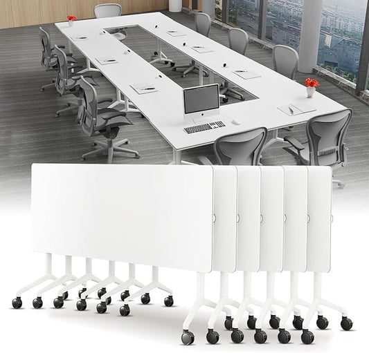 Conference Table, Folding Conference Desk Modern White, Seminar Table with Wheels, 2-10 People for Office, Meeting Break Room (6, 1915, 71IN)
