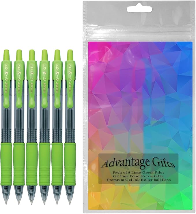 G2 Retractable Premium Gel Ink Roller Ball Pens Fine Point Fine Point (.7mm) Lime Ink 6-pk; Refillable & Premium Comfort Grip Bundle with Plastic Reusable Pouch