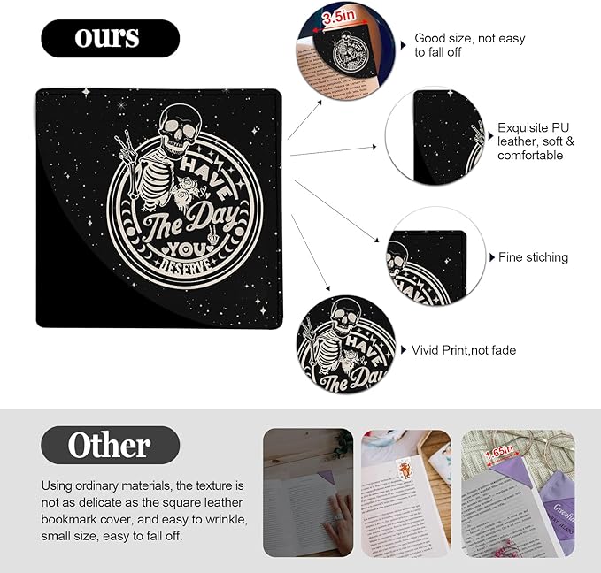 4 Pcs Skull Book Corner Bookmarks, Gothic Skeleton Book Accessories for Book Lovers, Funny Leather Reading Book Page Markers for Women Men Teacher Student Retirement Birthday Gifts