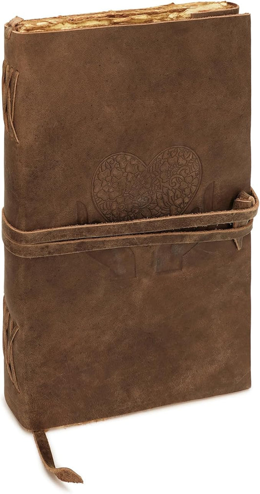 LUXEORIA Heart Journal for Women and Men, Handcrafted Leather Journal for Writing Womens, Sketchbook, Travel Diary with Unlined Deckle Paper, Distressed Brown 8x13
