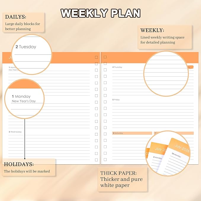 CAGIE 2026 Planner Weekly and Monthly from Dec 2025 to Dec 2026 Hardcover Spiral Bound Calendar Yearly Agenda Planners for Women with Stickers, 8.3 x 9.1, Yellow Sunflower