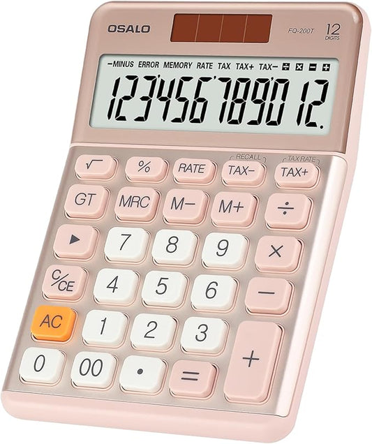 Pendancy Office Small Calculator Desktop with Tax+/- for Tax Calculation, 12 Digit Large LCD Display, Solar Battery Power, Durable Portable Design, Financial Accounting Business Home Use(OS-200T-Pink)