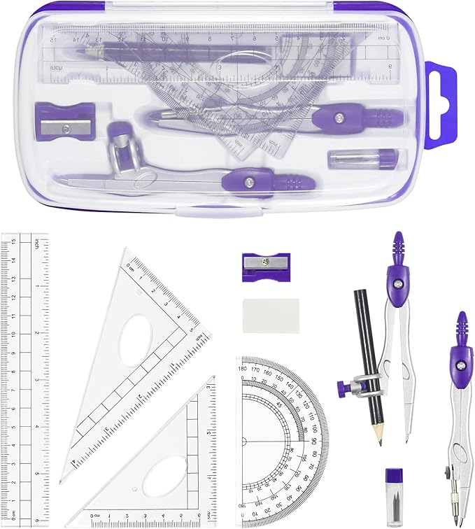Math Geometry Kit Sets 10 Piece Student Supplies with Shatterproof Storage Box,Includes Rulers,Protractor,Compass,Eraser,Pencil Sharpener,Lead Refills,Pencil,for Drafting（Purple）