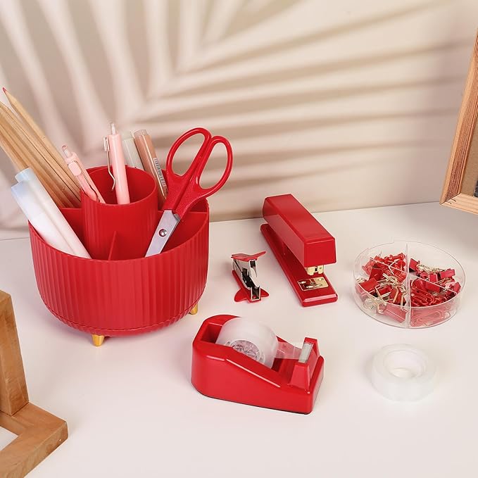 SKYDUE Red Office Supplies Set, Desk Accessories, Stapler, Tape Dispenser, Scissors, Binder/Paper Clips and 1000pcs Staples, Office Decor for Women