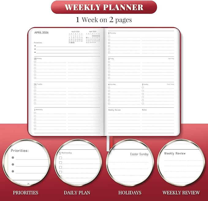 2026 Planner, Weekly and Monthly Planners, Faux Leather Daily Calendar 2026 Planner, 12 Month Agenda from Jan. to Dec., Hardcover Habit Tracker Journal 5.75" x 8.4"(Red)