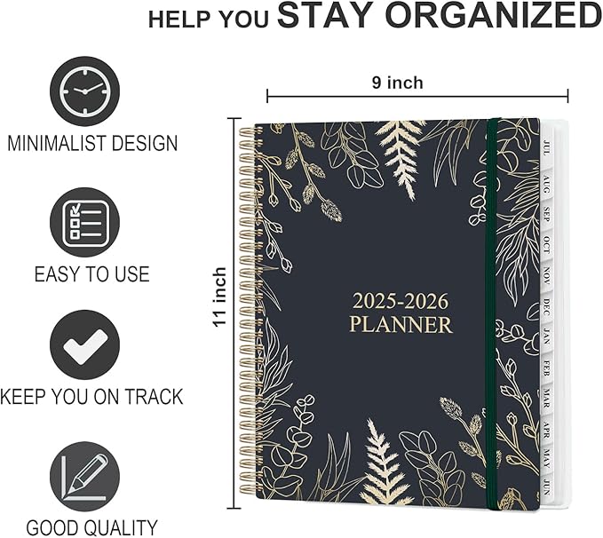 Planner 2025-2026 - Weekly & Monthly Planner from July 2025 to June 2026, Agenda 2025 2026 with Inner Pocket, Elastic Band, 8.5" x 11", White Gold Leaf