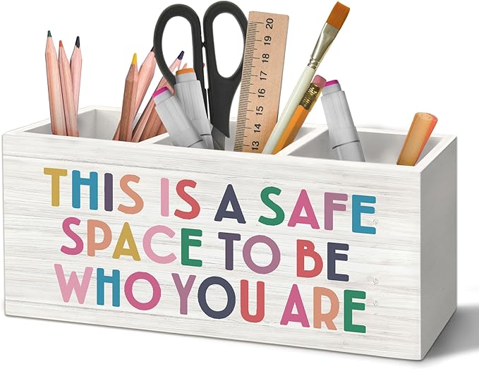 Mental Health Classroom Pen Holder Organizer for Desk Accessories, This Is a Safe Space to Be Who You Are Inspirational Wooden Box Desk Decorations for Therapy Counselor Office Classroom Decor