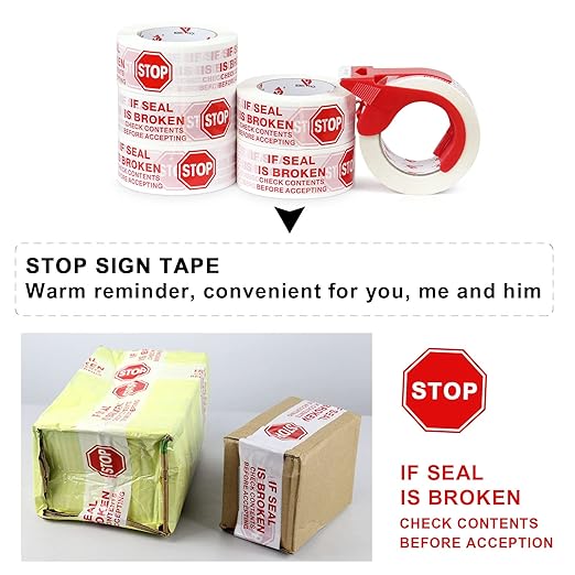 Stop Sign Sealing Tape Pre-Printed IF Seal is Broken,Check Contents Before Accepting,Heavy Duty Packing Tape with Dispenser 2 Inch x 110 Yards,Packaging Tape for Moving and Shipping (White)