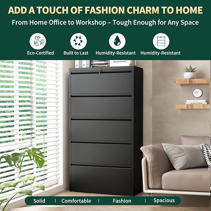 Lateral File Cabinet 5 Drawer, Metal File Cabinets for Home Office Legal/Letter A4 Size, Filing Cabinet with 5 Lock, Require Assembly, Black