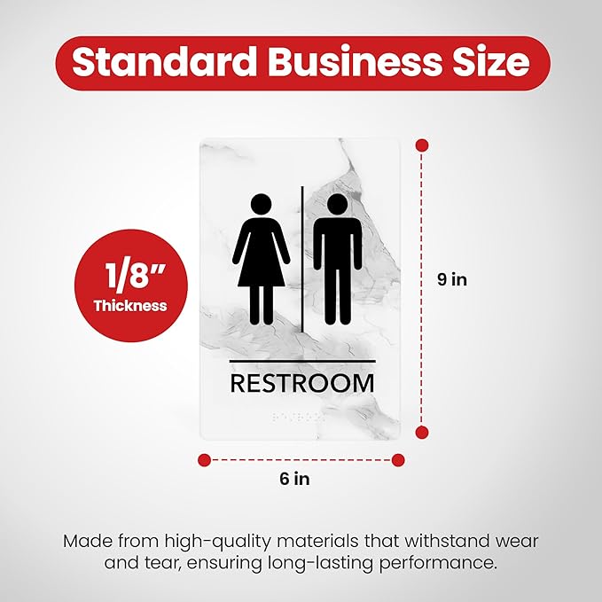 Promot Unisex Bathroom Sign – ADA Braille Restroom Sign for Business, Self-Adhesive, 9" x 6", Commercial Door Signage, Office Wall Decor - Marble Quartz