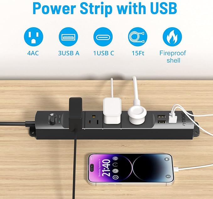 TROND Surge Protector Power Strip with USB, Ultra Thin Flat Plug 15ft Long Extension Cord 1625W, 3 USB A & 1 Type C, 4 AC Outlets 1440J Surge Protection Wall Mount for Home Office Dorm Room, Black