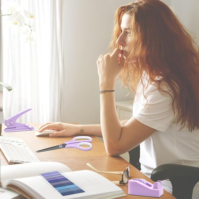 Sportsvoutdoors Purple Desk Accessories, Purple Office Supplies, Stapler and Tape Dispenser Set, Purple Desk Accessory Kit, Gift for Students, Women, Boss Lady, Office Clerks