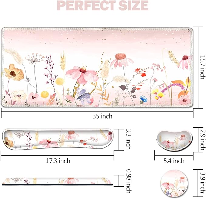 AIMSA Keyboard Mouse Pad Wrist Rest, Extended Gaming Mouse Pad +Wrist Support, Ergonomic Memory Foam,XXL Large Mousepad Easy Typing Pain Relief, 4Pcs (35×15.7 in) Desk Mat, Pink Flowers