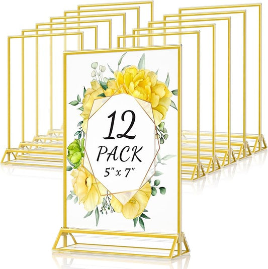 5 x 7 Acrylic Sign Holders - Double Sided Gold Picture Frames - Tabletop Display Menu Stands - Clear Plastic T Shape Vertical Paper Holders - 12 Pack