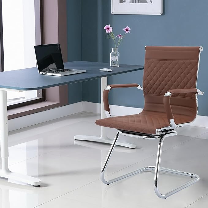 Office Guest Reception Chairs Set of 4 - Modern PU Leather Conference Room Chair With Mid Back for Waiting Room, Desk - Coffee