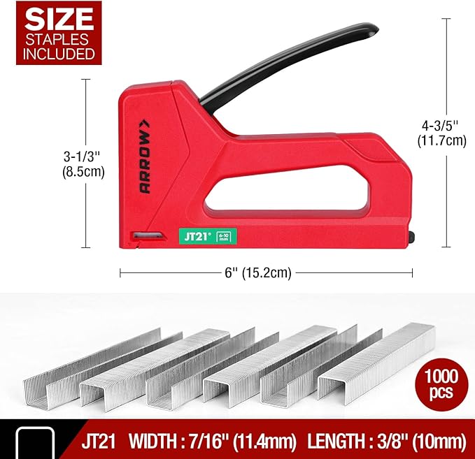 Arrow Light Duty Staple Gun, Lightweight Upholstery Stapler Kit for Wood with 1000 JT21 Staples, Plastic Housing Tacker for Crafts, Fabric, DIY, Household
