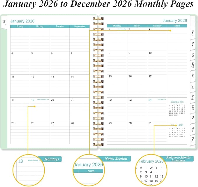 2026 Planner - Weekly and Monthly Calendar Planner from Jan 2026 - Dec 2026, Planner 2026 Spiral Bound with 12 Monthly Tabs, Inner Pocket, Perfect for School Office Supplies, 6.4" x 8.5", Mint