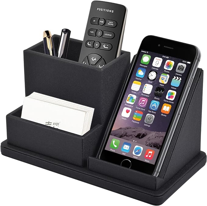 Pu Leather Desk Pen/Pencil Organizer Multi-Function Cell Phone/Remote Control Storage Box with 3 Compartments Office Supplies Sticky Note Tray Business Cards Holder,Black