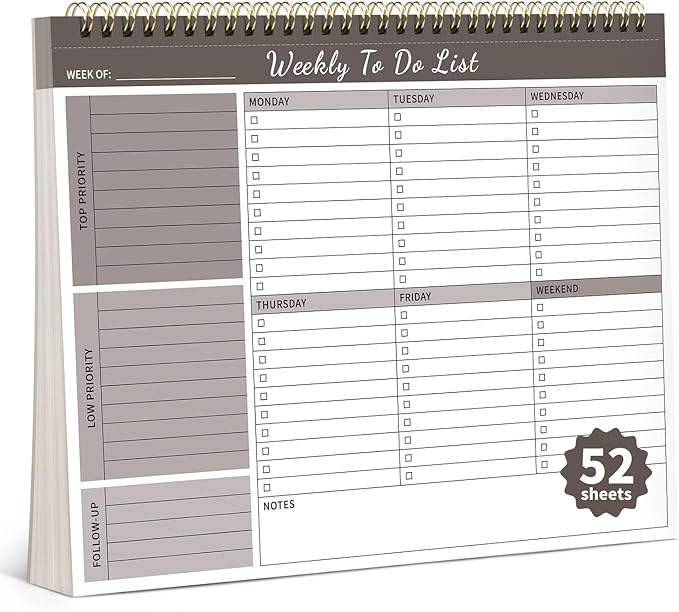 Weekly To Do List Notepad, 52 Undated Sheets 100 GSM（8.5"×11") Duplex-Printed Weekly Desk Planner For Work Home School Office Desk Accessories Supplies & Goal Setting Tasks -Brown