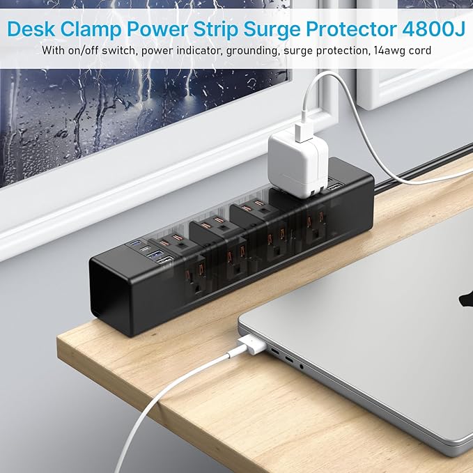 CCCEI Desk Outlet Station 20W USB C Port. 12 Outlet Desktop Clamp Power Strip Surge Protector 4800J with Switch. Nightstand Office Standing Desk Accessories Fit Thicker Table Edge or Screw Mount, 10FT