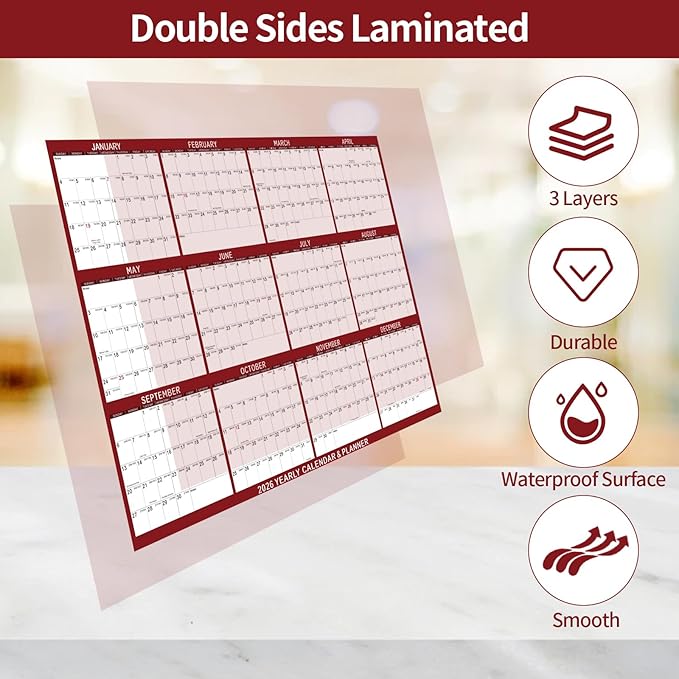 2026 Wall Calendar 24" x 36" Dry Erase Calendar for Wall from January 2026 to December 2026 12 Month Annual Large Yearly Wall Planner for Office School(Red)