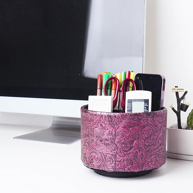 lizimandu Round Leather Art Supply Organizer,Remote Control Holder,360 Degree Spinning,Multi-Functional Pencil Holder,4 Compartments Desktop Stationary Organizer(1-Carved Metal Rose Red)
