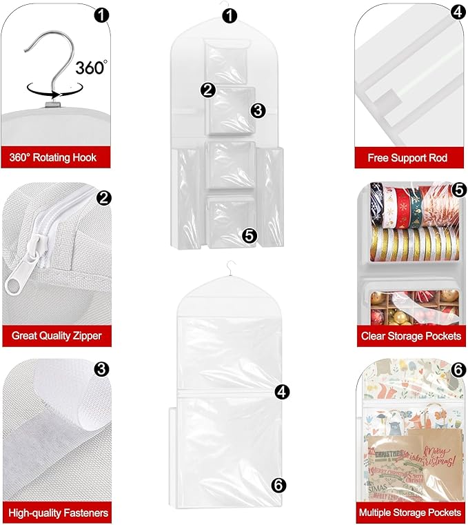 Hanging Gift Wrapping Paper Storage, 48x24 (Extra Large) White Double-Sided Christmas Wrapper Bag Container, Oxford Long Craft Roll Organizer, Present Wrap Holder for Closet, Door