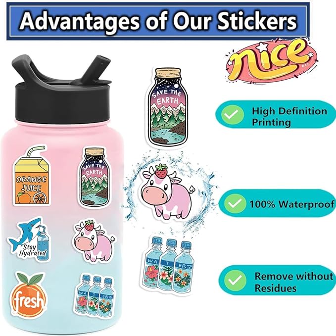 120Pcs Water Bottle Stickers for Kids, Cute Sticker Waterproof Aesthetic Vinyl Laptop Sticker for Kid Teens Girls Adults Students