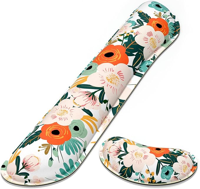 Dapesuom Enlarge Keyboard Wrist Rest, Memory Foam Wrist Cushion for Desk Mats Support, Cute Flower Pain Relief Keyboard Mouse Pad Rests Set with Non-Slip Base for Gaming Laptop Office Computer, Pink