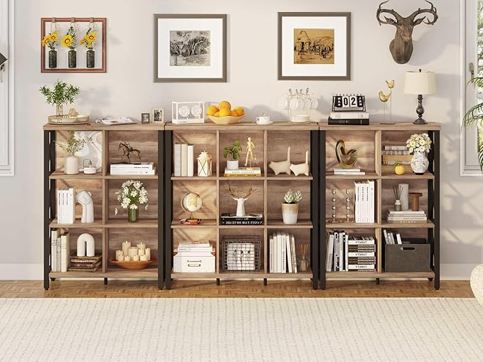 FATORRI 9 Cube Storage Bookshelf, 4 Shelf Book Shelf, Farmhouse Wood and Metal Cubby Bookcase for Home Office Kitchen (39.37 Inch W, Rustic Oak)