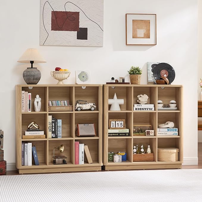 9 Cube Storage Book Shelf, 41" Tall Organizer Bookshelf with Curved Edge, Floor Standing 3-Tier Wood Cubby Bookcase with Base, Modern Display Book Case for Living Room, Home Office,Natural Oak