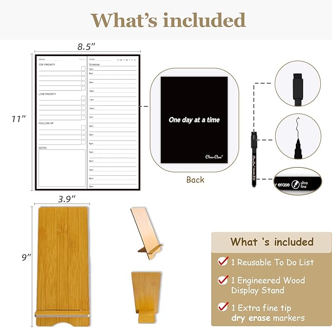 Dry Erase Desk Planning Board - Reusable Desktop Weekly Planning Board, Daily Schedule with Time Slots - 11"x8.5" Tabletop Dry Erase Board with Stand - Marker Included