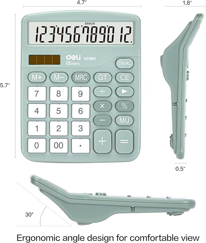 Calculator, Deli Standard Function Desktop Calculators with 12 Digit Large LCD Display and Sensitive Button, Solar Battery Dual Power Office Calculator, Green