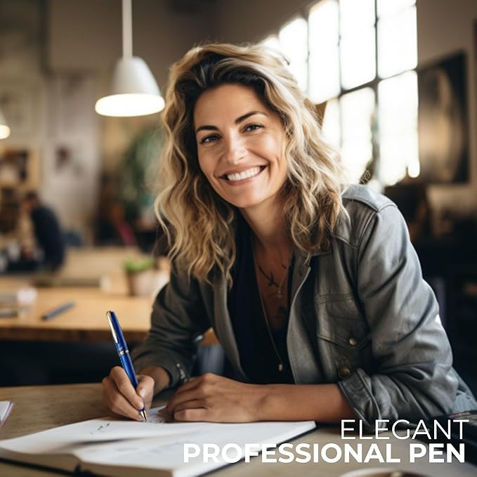 ZenZoi Blue Ballpoint Pen - Premium Writing Instrument for Men or Women With Gold Trim, Smooth Writing Schmidt Ink Refills, Luxury Gift Set, High-End, Retractable, Professional for Journaling