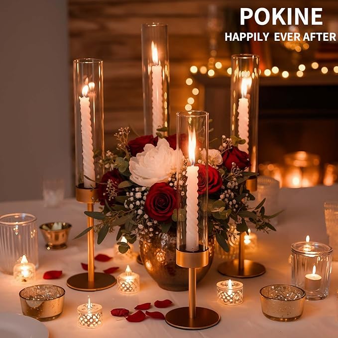 Set of 6 Gold Candle Holders, Tall Hurricane Candlestick Holders with Glass for Taper and Pillar Candles, Home Decor for Wedding, Christmas, Party, Anniversary, Dining Table