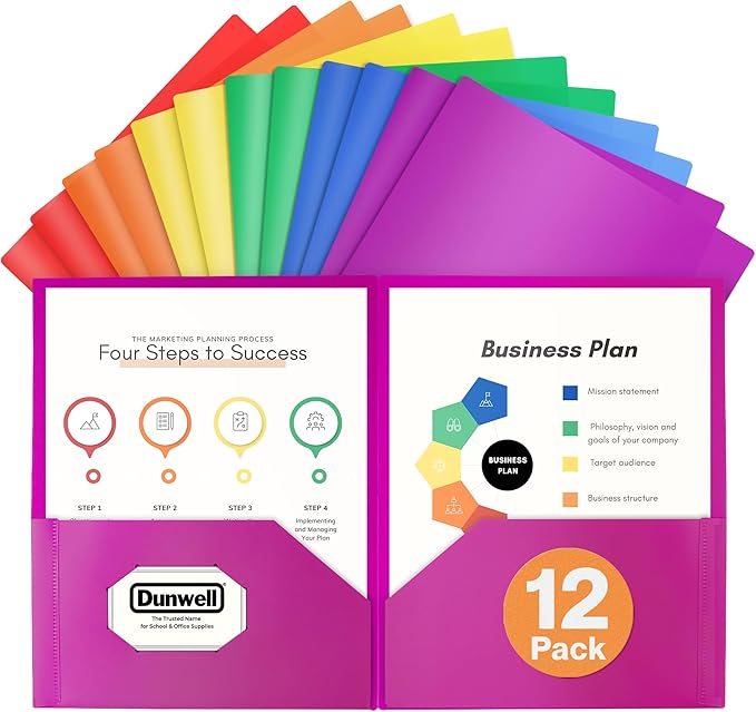 Dunwell Colored Plastic Folders with Pockets - (12 Pack, Assorted Colors), 2-Pocket 8.5x11 Folders for School and Office, Heavy Duty Long Lasting Poly, Includes Labels