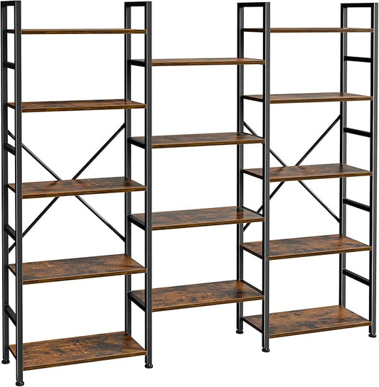 SUPERJARE Triple 5 Tier Bookshelf, Bookcase with 14 Open Display Shelves, Wide Book Shelf Book Case for Home & Office, Rustic Brown