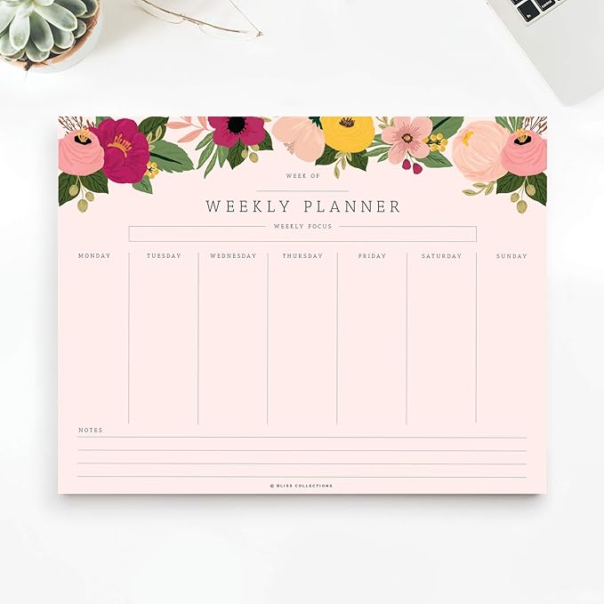 Bliss Collections Weekly Planning Pad, To Do List Notebook - Undated Tear-Off Sheets Notepad - Work Calendar, Organizer, Scheduler for Goals, Tasks - Floral (Pink), 8.5" x 11", 50 Sheets