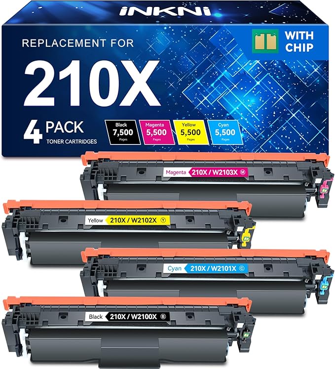 InkNI 210X Toner Cartridges 4 Pack High Yield with Chip Compatible Replacement for HP 210X W2100X 210A for HP Color Laserjet Pro 4201dn 4201dw Pro MFP 4301fdn 4301fdw Printer Ink (B/C/M/Y, 4 Pack)