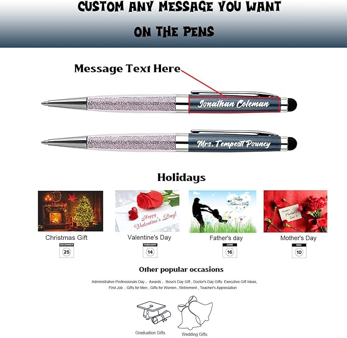 Personalized Ballpoint Pens with Stylus Tip - FREE PERSONALIZATION, Customized with Your Name, Text, Message for Graduation, Anniversaries 12pcs/Pack