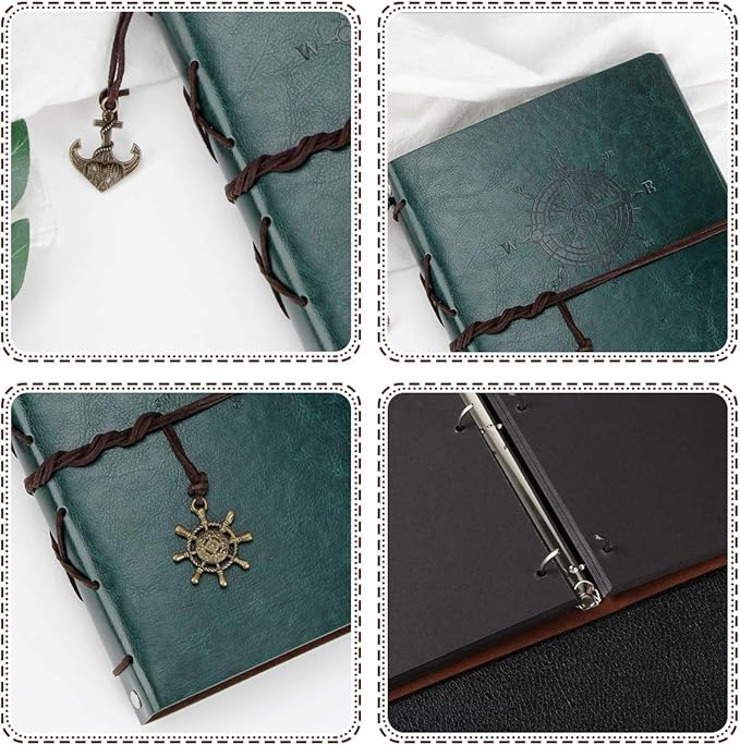 ThxMadam Green Scrapbook Leather Photo Album Vintage Wedding Guest Book Memory Book with 60 Black Pages Present for Valentines Anniversary Mother’s Day Birthday Gift for Teacher Student Kids Friend