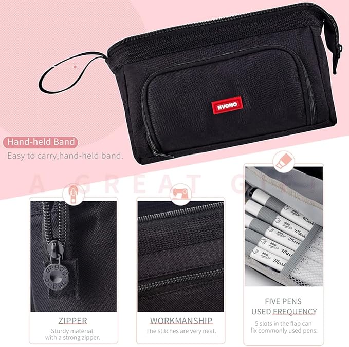 HVOMO Stationery Set,1 large-capacity pencil case,5 quick-drying pens,50 waterproof stickers,2 sticky note pads(200 sheets),1 set of 10-color index labels (200 sheets),Student stationery gift (Black)