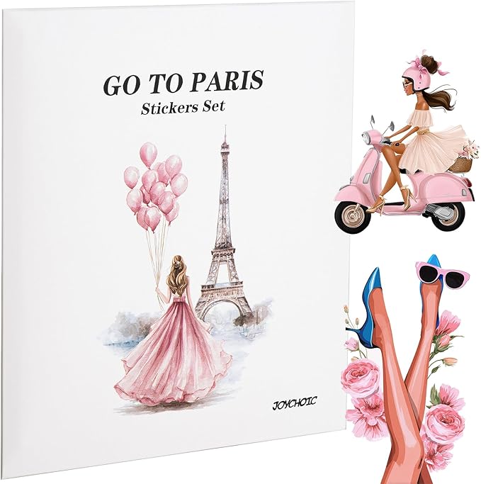 Paris Journaling Sticker Set, 18 Sheets PET Junk Journal Stickers, Pink French Theme Scrapbook Supplies, Transparent Watercolor Scrapbooking Materials, People Women Arts Craft