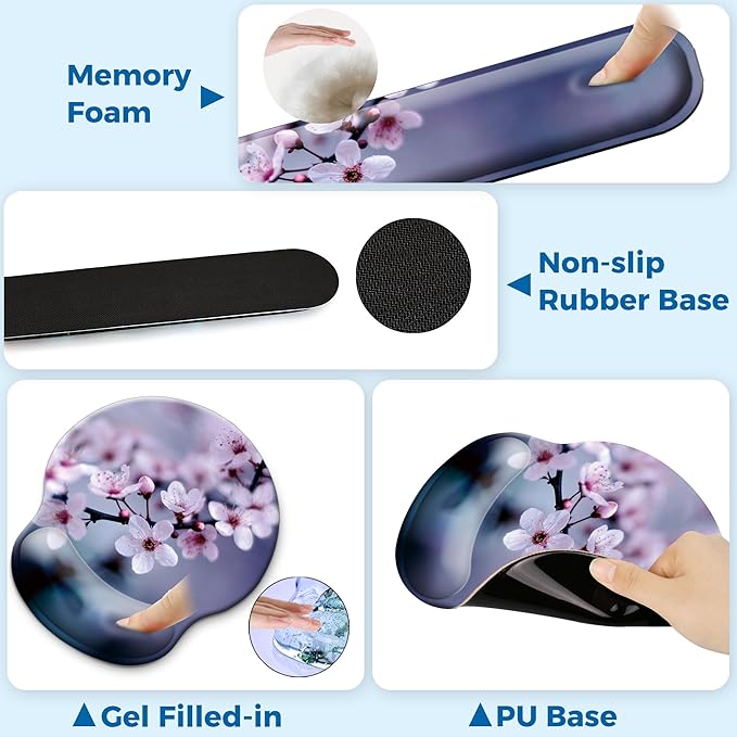 Mouse Pad and Keyboard Wrist Rest Support, with Non-Slip PU Base,Gel Mouse Pad with Coaster,Pain Relief for Gaming, Computer,Office -Cherry Blossom