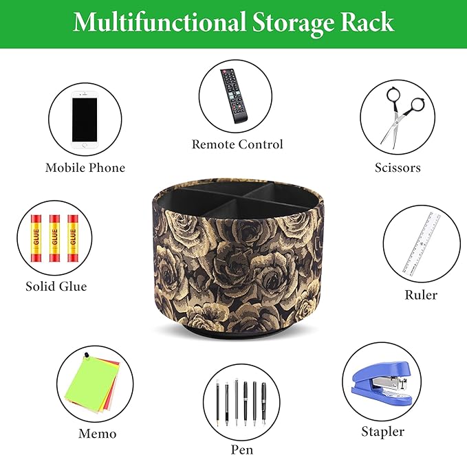 QIELIZI Round Leather Art Supply Organizer,Remote Control Holder,360 Degree Rotating,Multi-Functional Pencil Holder,4 Compartments Desktop Stationary Organizer(1-3D Rose Yellow)