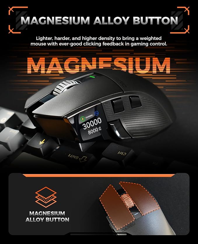 DAREU A980PROMAX Wireless Gaming Mouse-4K/8K Polling-30K DPI Optical Sensor-0.85' TFT Color Display-Magnesium Alloy Buttons-2.4G Wireless/BT/USB Connectivity-Nano Receiver Included