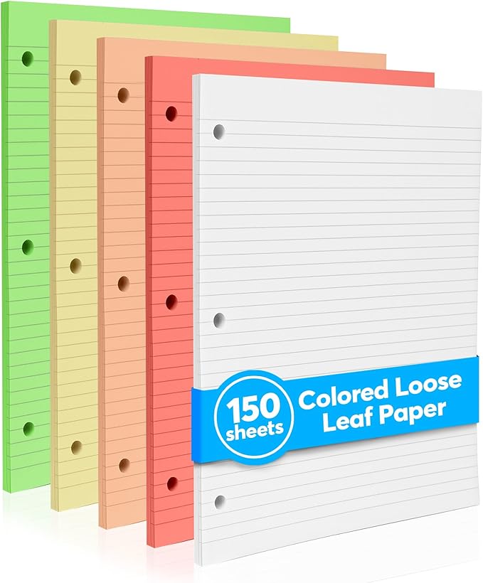Colored Notebook Paper – 8.5 x 11, 150 Sheets – Thick 80 gsm College Ruled Colorful Loose Leaf Filler Paper – 3-Hole Punched Binder Papers for School, Office, and Journaling (Bright)