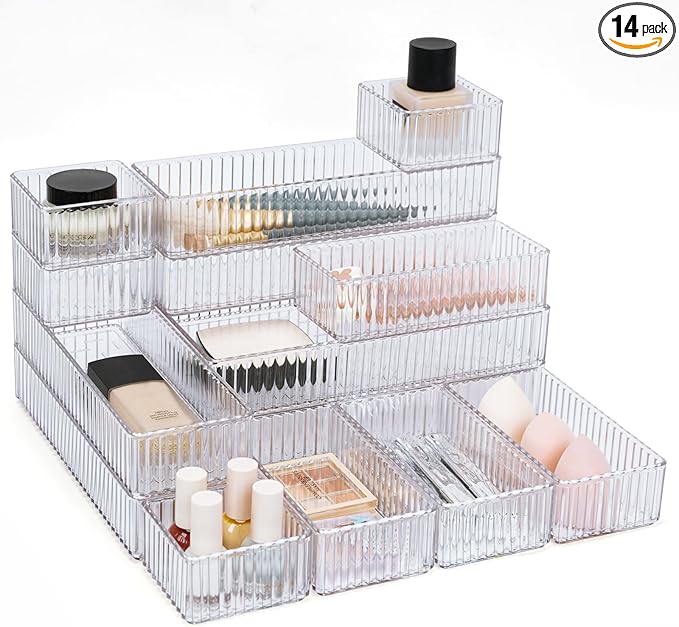 HOTOOLME 14PCS Clear Drawer Organizers Bins, 4 Size Clear Makeup Drawer Organizer, Stackable Vanity Drawer Organiser Trays, Bathroom Drawer Storage for Cosmetics, Office Supply